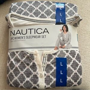NEW-NAUTICA 2Pc SuperSoft Feather Touch Fleece Pajama Sleepwear Set Grey/White L
